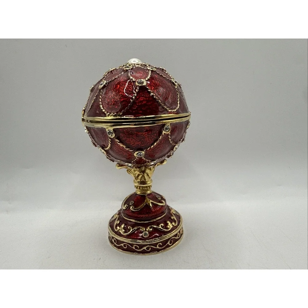 Jeweled Enameled Hinged Red Egg Trinket/Jewerly Box